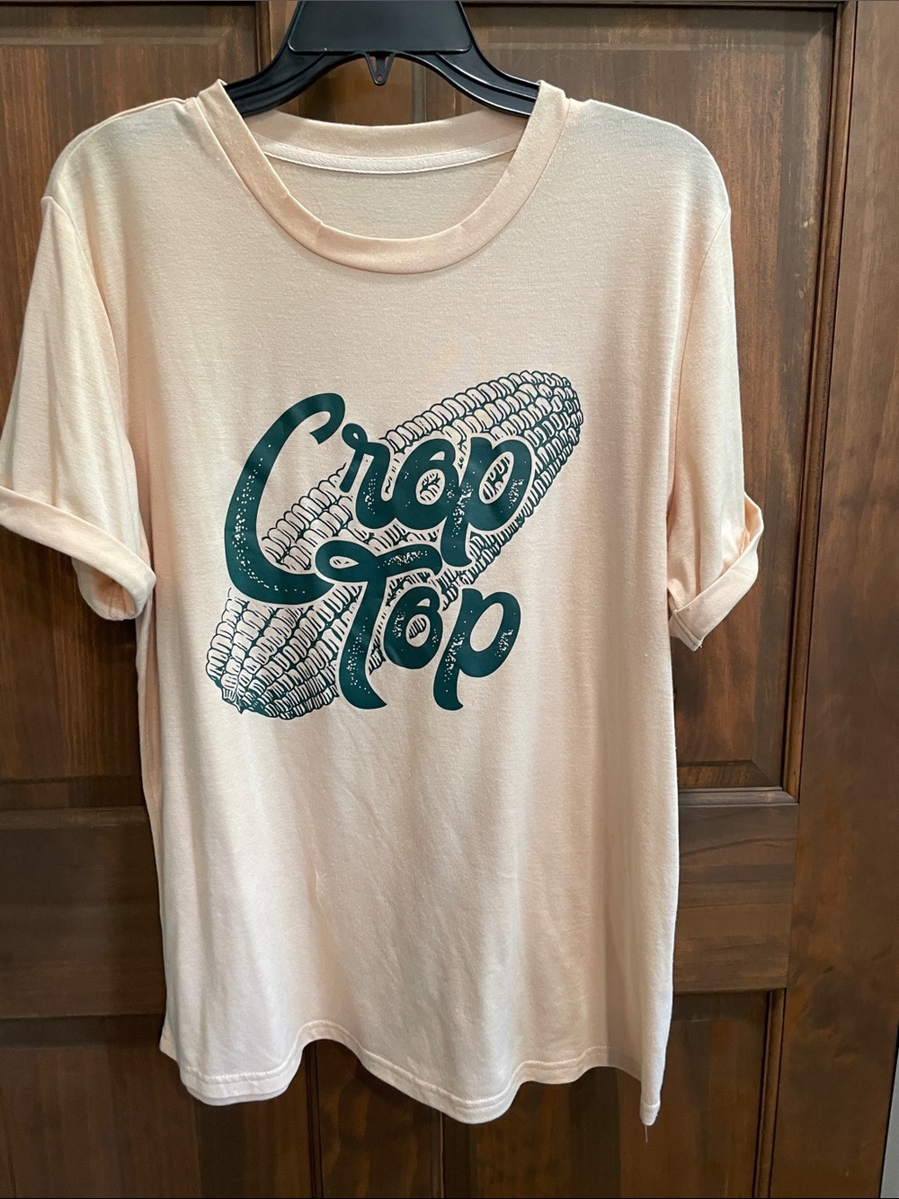 Crop Top Graphic Tee - Cream with Teal Print